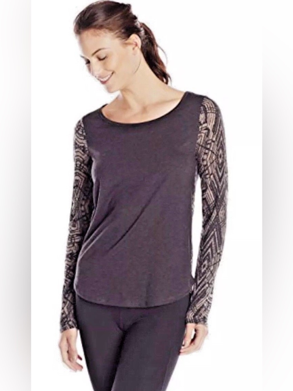 prAna Candi Burnout Long Sleeve Top XL – Gray Geometric Print Yoga Tee